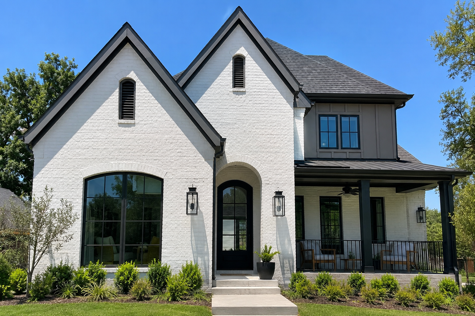 Freshly painted white-brick Austin home with crisp black trim, arched windows, and a covered porch